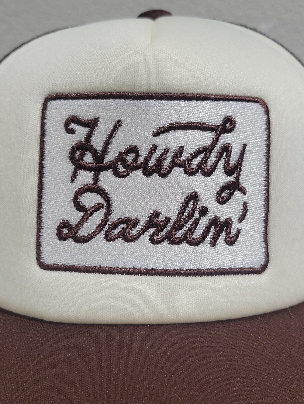 Howdy Darlin' Embroidered Foam Adjustable Brown Cream Trucker Hat New One Size - Picture 8 of 8